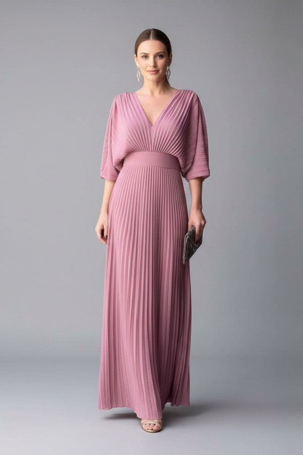 Flowy Women's Dress - V-Neck Bat-Sleeve High-Waist, Lightweight Polyester, Casual Daywear