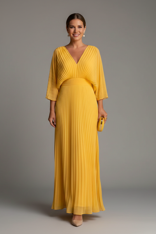 Flowy Women's Dress - V-Neck Bat-Sleeve High-Waist, Lightweight Polyester, Casual Daywear