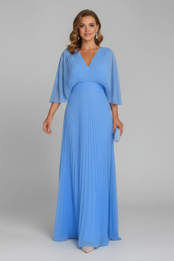 Flowy Women's Dress - V-Neck Bat-Sleeve High-Waist, Lightweight Polyester, Casual Daywear
