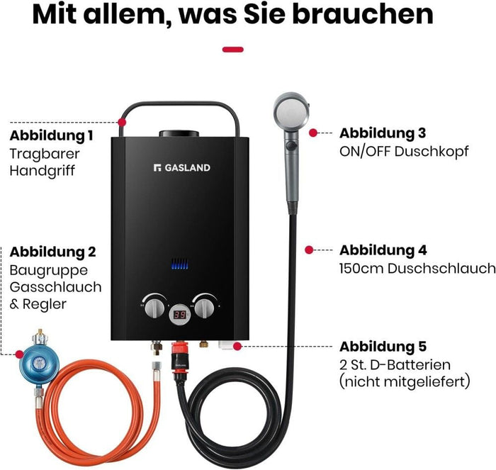 GASLAND Propan Gas Durchlauferhitzer mit Wasserpumpe - 6L 50 mbar