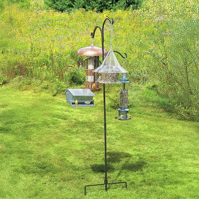 Heavy Duty Magnum Quad Hanger with four bird feeders on a pole, showcasing staggered arms for bird watching, made from rust-resistant steel.