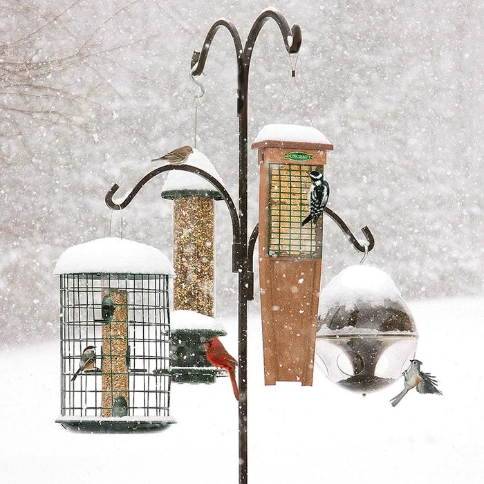 Bird feeders on a snowy day with birds perched on them.
