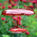 Fliteline Feeder & Baffle Set with multiple hummingbirds feeding; features six ports, wraparound perch, and ant moat.