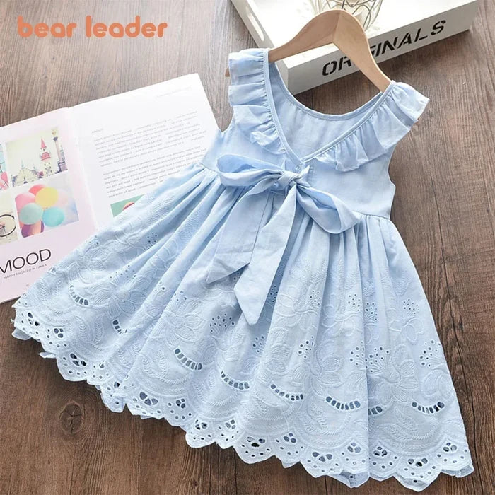 Lightweight and flattering girls' dress - bow-front, cotton eyelet fabric, party wear
