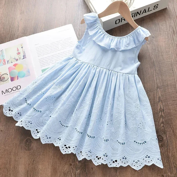 Lightweight and flattering girls' dress - bow-front, cotton eyelet fabric, party wear