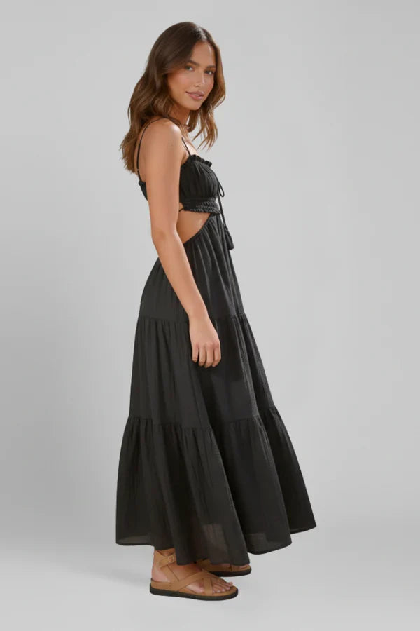 Lightweight Flattering Women's Maxi Dress - Smocked Bodice, Tiered Swing Skirt, Soft Fabric, Casual Wear