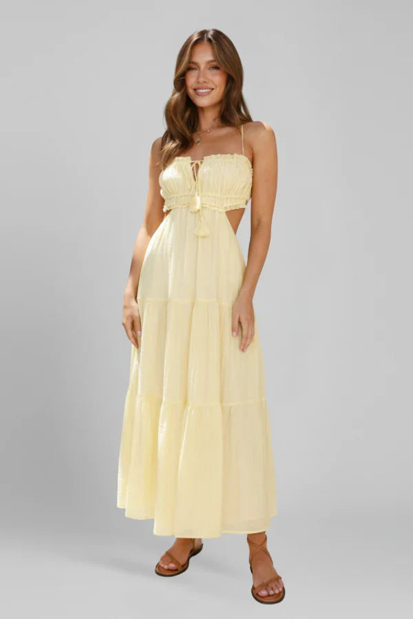 Lightweight Flattering Women's Maxi Dress - Smocked Bodice, Tiered Swing Skirt, Soft Fabric, Casual Wear