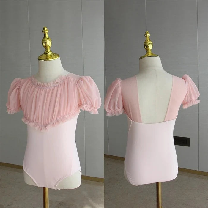 Lightweight girls ballet leotard set - puff-sleeve top, tulle tutu skirt, polyester, for dance class