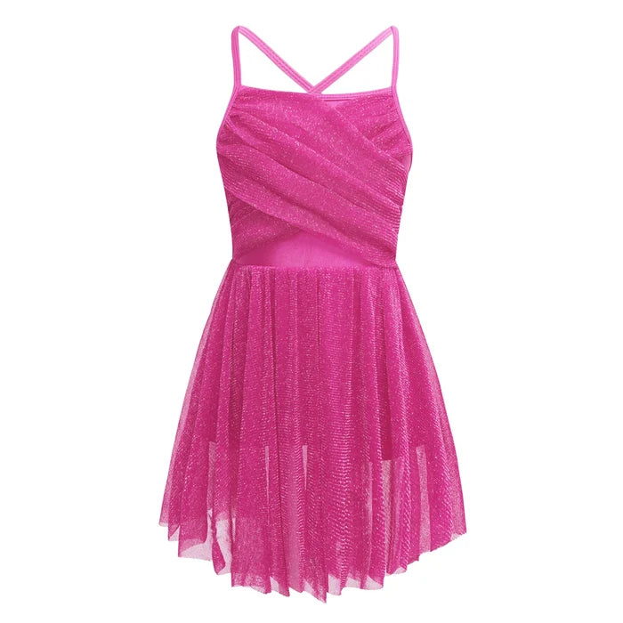 Lightweight Girls’ Dance Dress – Lyrical, Glitter Mesh, Polyester, For Ballet, Gymnastics