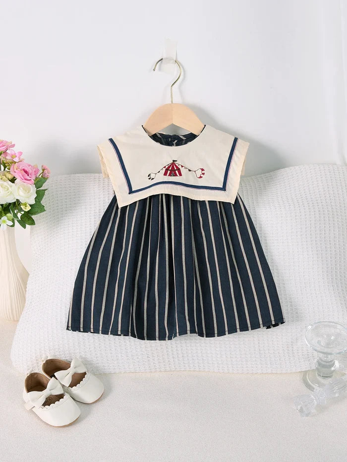 Lightweight girls' dress - sailor collar, striped pleated skirt, cotton-elastane blend, summer casual