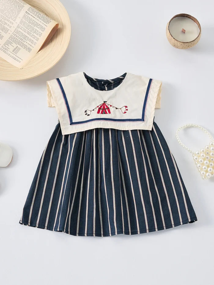 Lightweight girls' dress - sailor collar, striped pleated skirt, cotton-elastane blend, summer casual