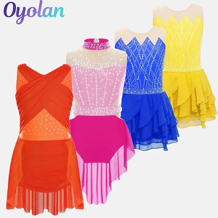 Lightweight Girls' Leotard - Rhinestone Embellished, Mesh Skirt, Polyester/Nylon/Elastane, For Ballet, Gymnastics