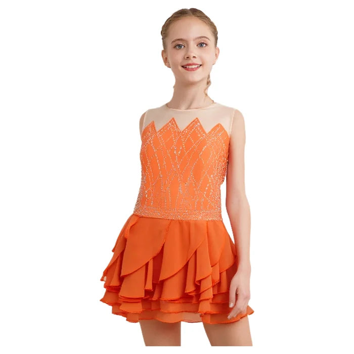 Lightweight Girls' Leotard - Rhinestone Embellished, Mesh Skirt, Polyester/Nylon/Elastane, For Ballet, Gymnastics
