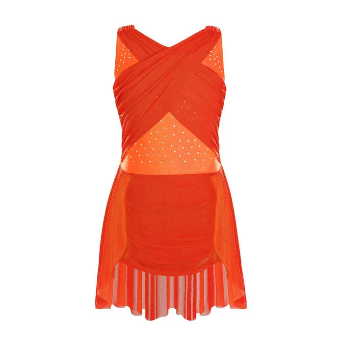 Lightweight Girls' Leotard - Rhinestone Embellished, Mesh Skirt, Polyester/Nylon/Elastane, For Ballet, Gymnastics