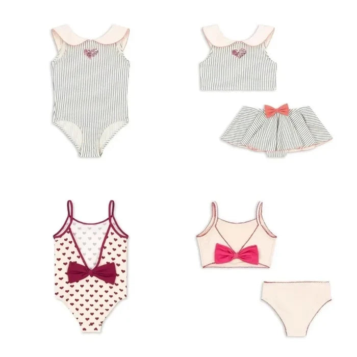 Lightweight girls' swimsuit - stripe long-sleeve, bow accent, nylon, for summer beach days