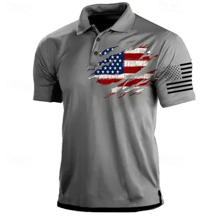 Lightweight men's polo shirt - classic polo, 3D American flag print, casual everyday wear