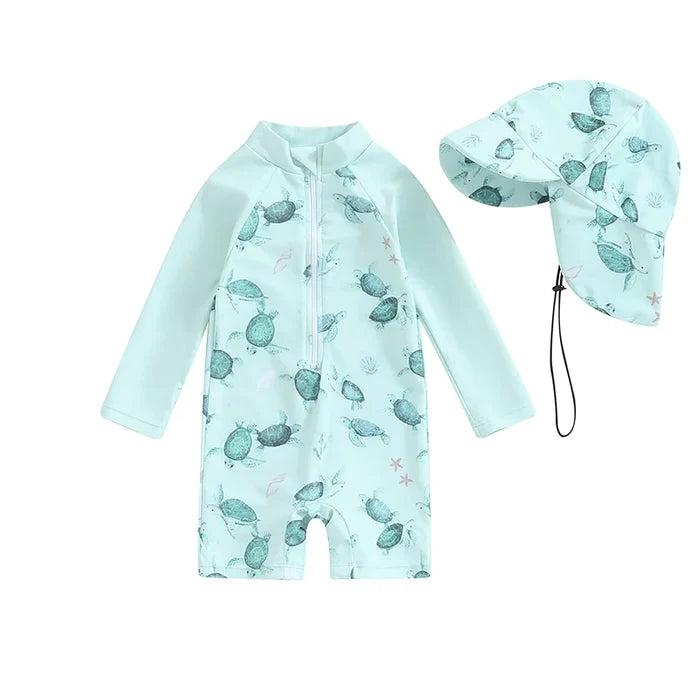 Lightweight Toddler Boys Rash Guard Swimsuit - Long Sleeve, Turtle Print, Polyester, Beachwear