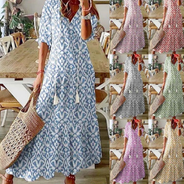 Lightweight Women's Dress - Bohemian Print, V-Neck, Long Sleeves, Mid Waist, Casual Daily Wear