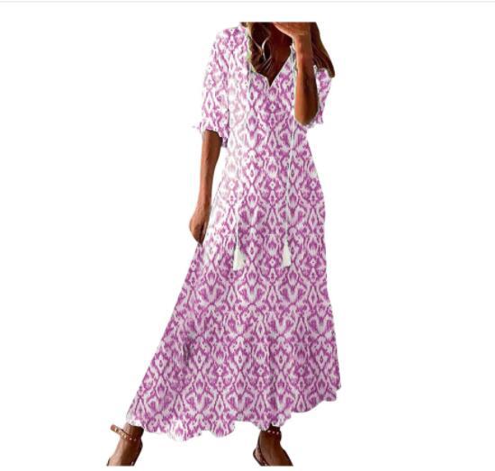 Lightweight Women's Dress - Bohemian Print, V-Neck, Long Sleeves, Mid Waist, Casual Daily Wear