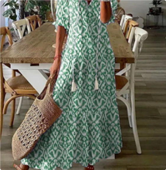 Lightweight Women's Dress - Bohemian Print, V-Neck, Long Sleeves, Mid Waist, Casual Daily Wear