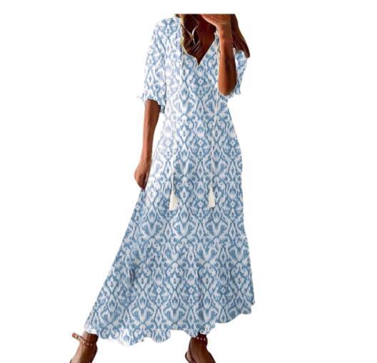 Lightweight Women's Dress - Bohemian Print, V-Neck, Long Sleeves, Mid Waist, Casual Daily Wear