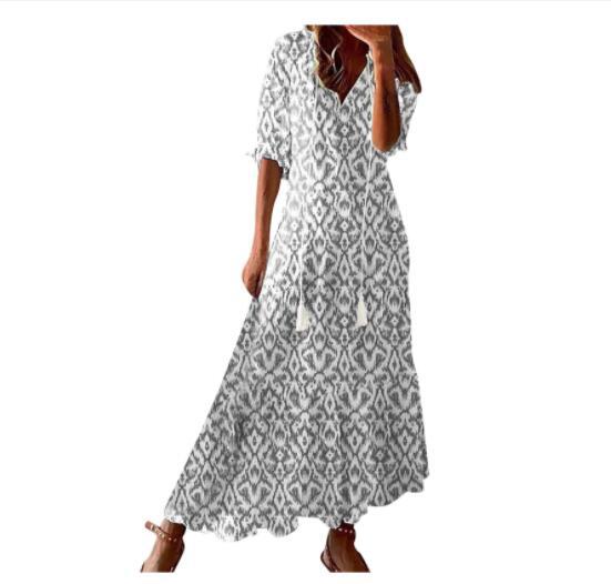Lightweight Women's Dress - Bohemian Print, V-Neck, Long Sleeves, Mid Waist, Casual Daily Wear