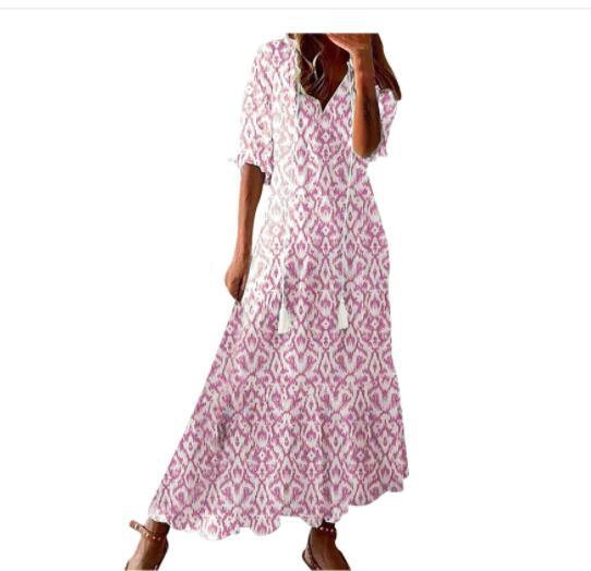 Lightweight Women's Dress - Bohemian Print, V-Neck, Long Sleeves, Mid Waist, Casual Daily Wear