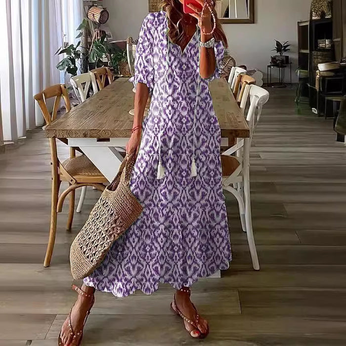 Lightweight Women's Dress - Bohemian Print, V-Neck, Long Sleeves, Mid Waist, Casual Daily Wear