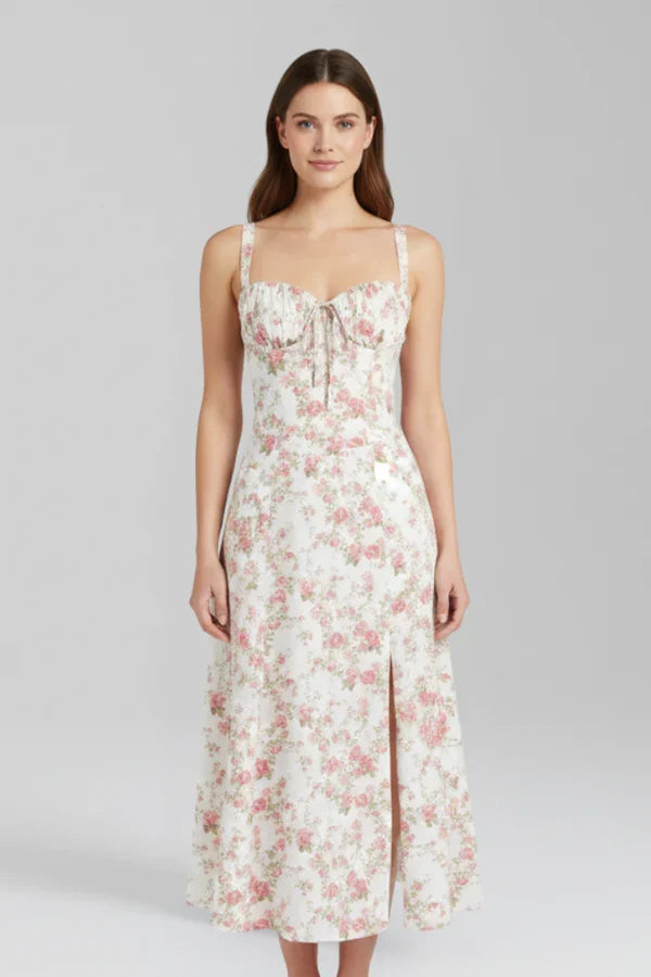 Lightweight women's dress - spaghetti-strap, flowy floral midi, polyester, for summer