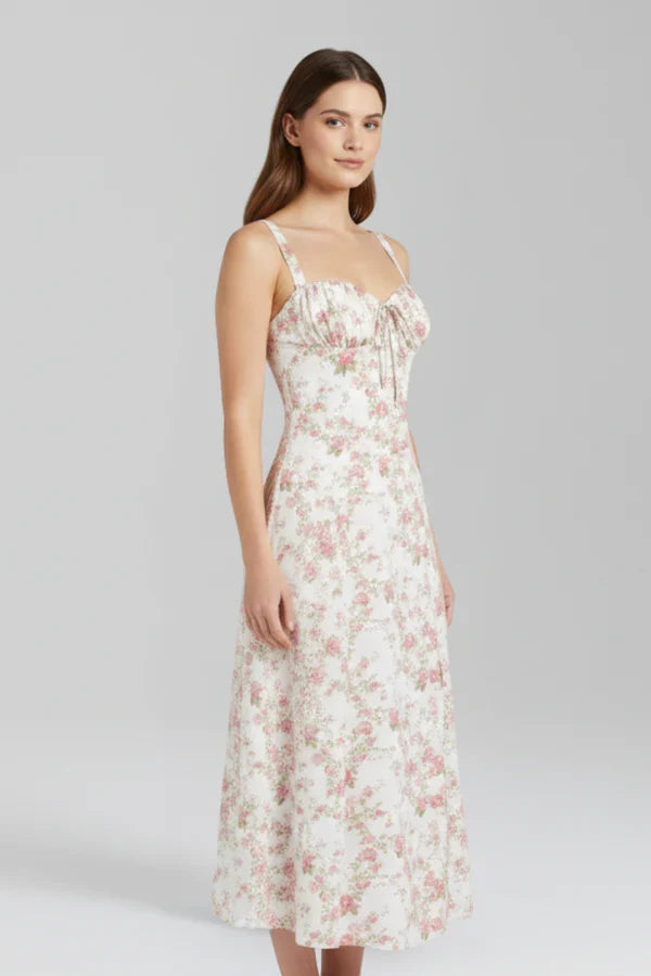 Lightweight women's dress - spaghetti-strap, flowy floral midi, polyester, for summer