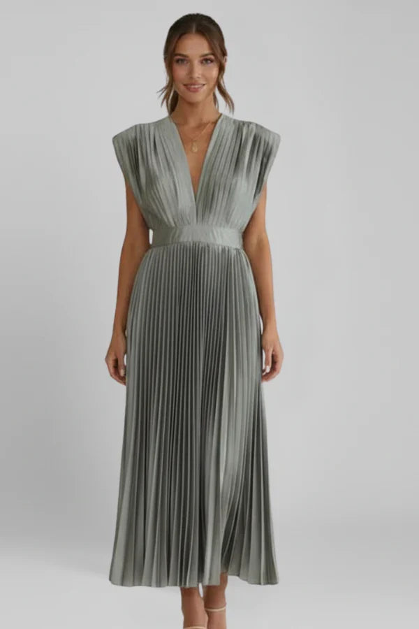 Lightweight women's dress - v-neck pleated sleeveless, polyester, casual wear for summer events