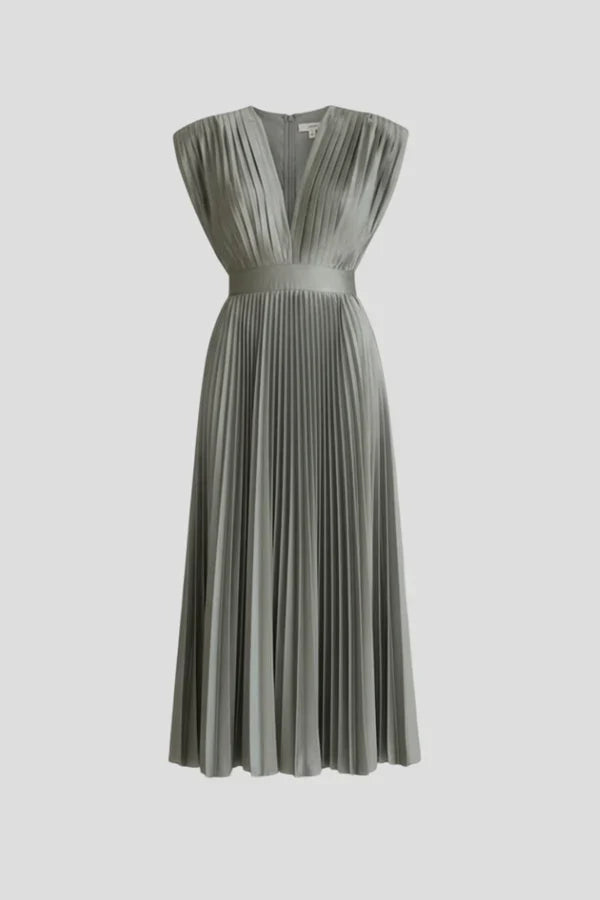 Lightweight women's dress - v-neck pleated sleeveless, polyester, casual wear for summer events