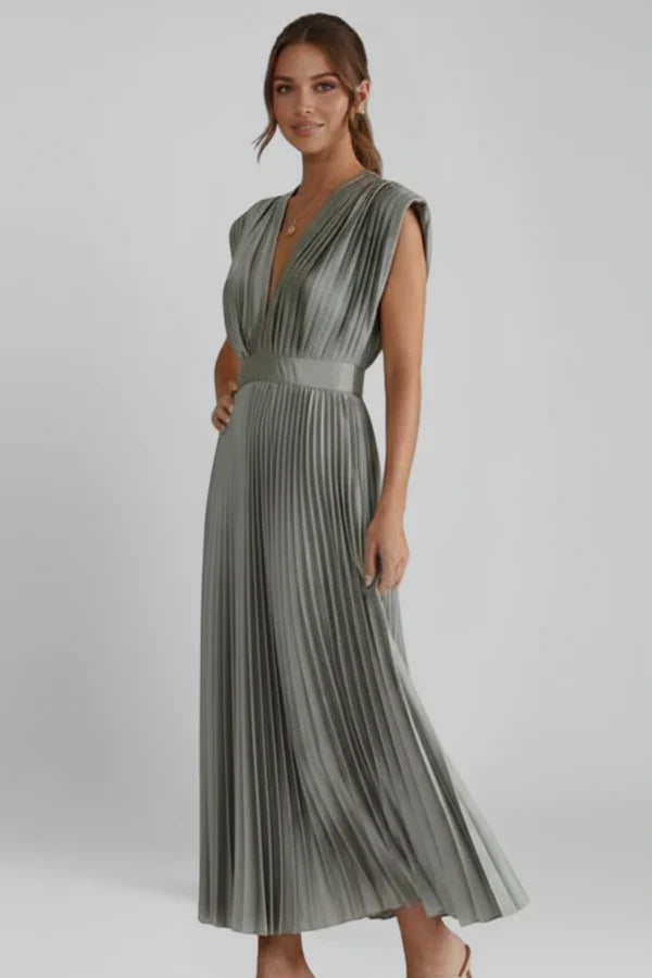 Lightweight women's dress - v-neck pleated sleeveless, polyester, casual wear for summer events