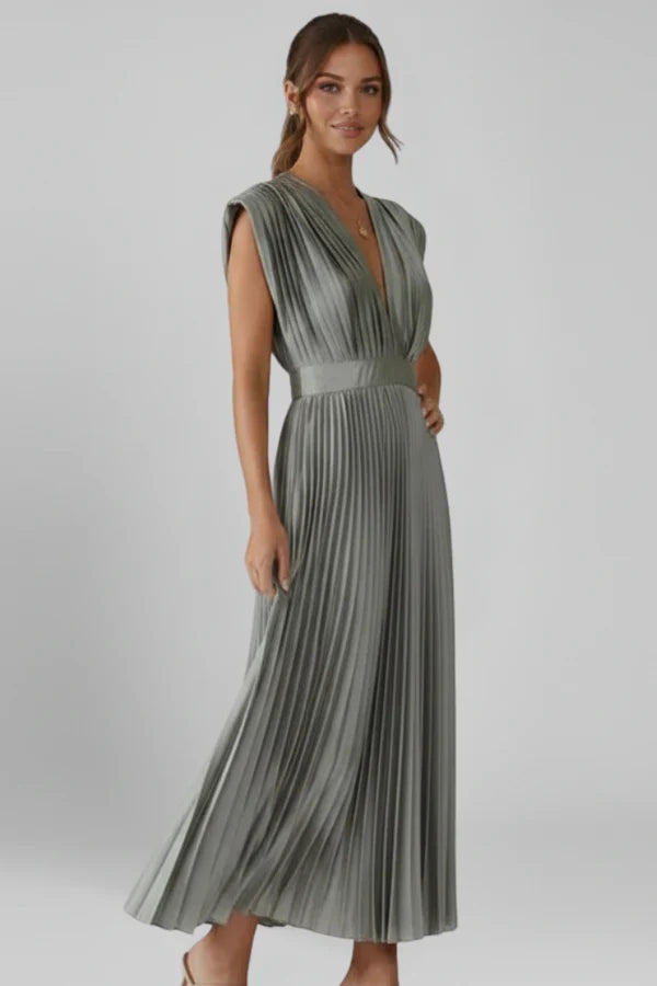 Lightweight women's dress - v-neck pleated sleeveless, polyester, casual wear for summer events