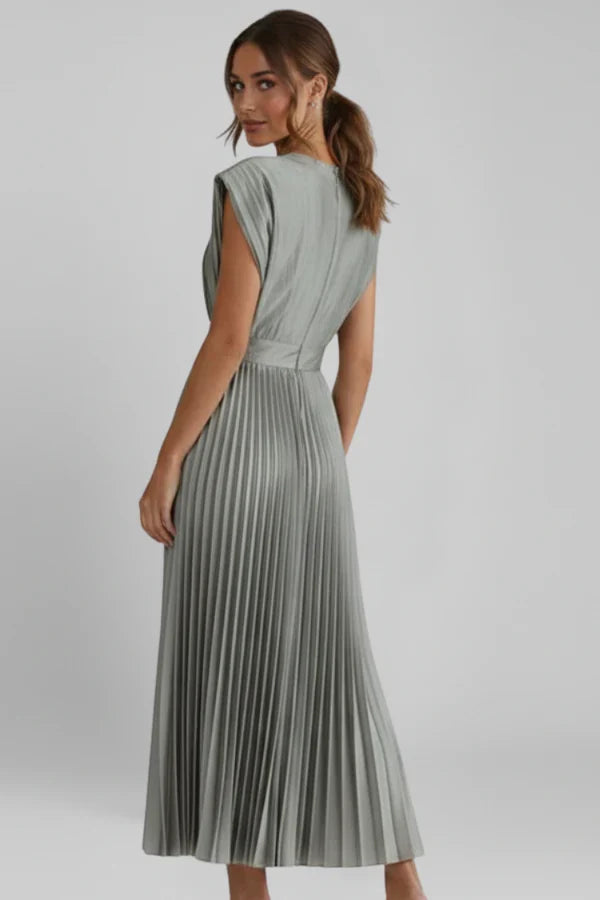 Lightweight women's dress - v-neck pleated sleeveless, polyester, casual wear for summer events