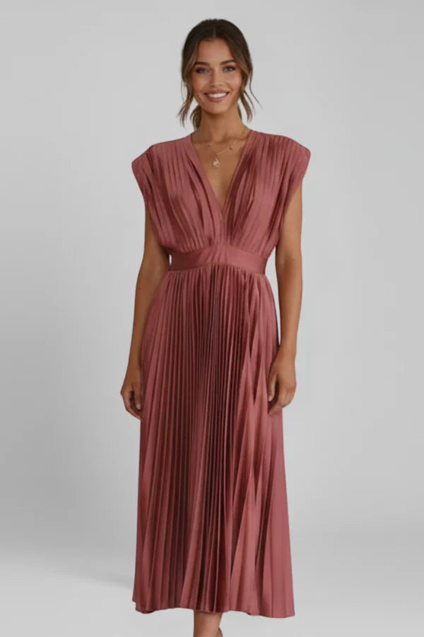 Lightweight women's dress - v-neck pleated sleeveless, polyester, casual wear for summer events