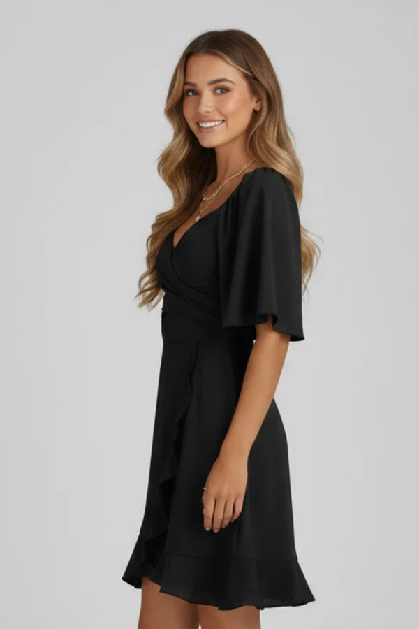 Lightweight women's dress - V-neck wrap waist, flutter sleeves, ruffle hem, polyester, for occasions