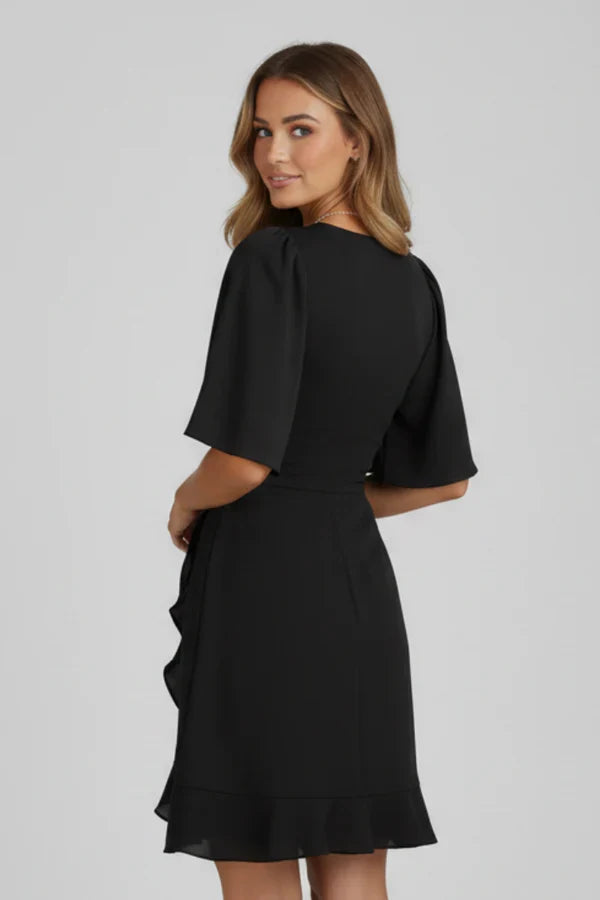 Lightweight women's dress - V-neck wrap waist, flutter sleeves, ruffle hem, polyester, for occasions