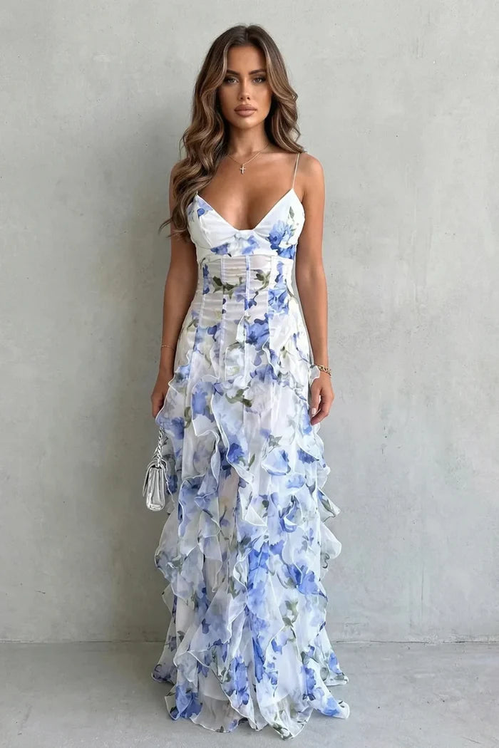 Lightweight Women's Dress – V-Neck, Spaghetti-Strap, Layered Organza Fairy-Skirt, For Spring And Summer Events