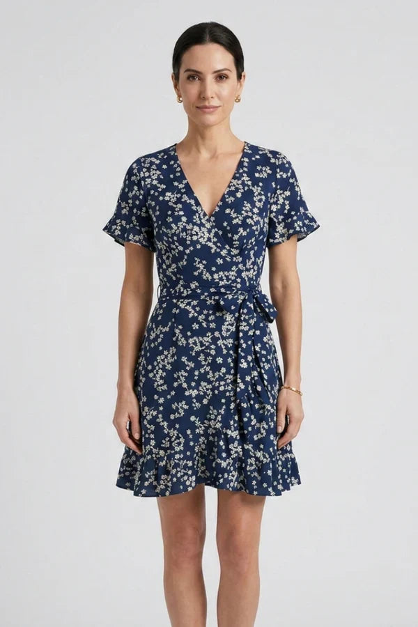 Lightweight women's dress – wrap v-neck, floral print, chiffon, for warm-weather occasions