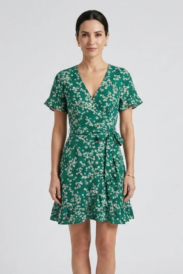 Lightweight women's dress – wrap v-neck, floral print, chiffon, for warm-weather occasions