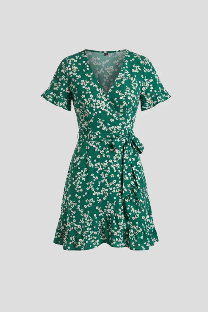 Lightweight women's dress – wrap v-neck, floral print, chiffon, for warm-weather occasions