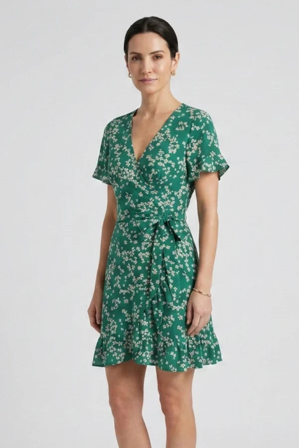 Lightweight women's dress – wrap v-neck, floral print, chiffon, for warm-weather occasions