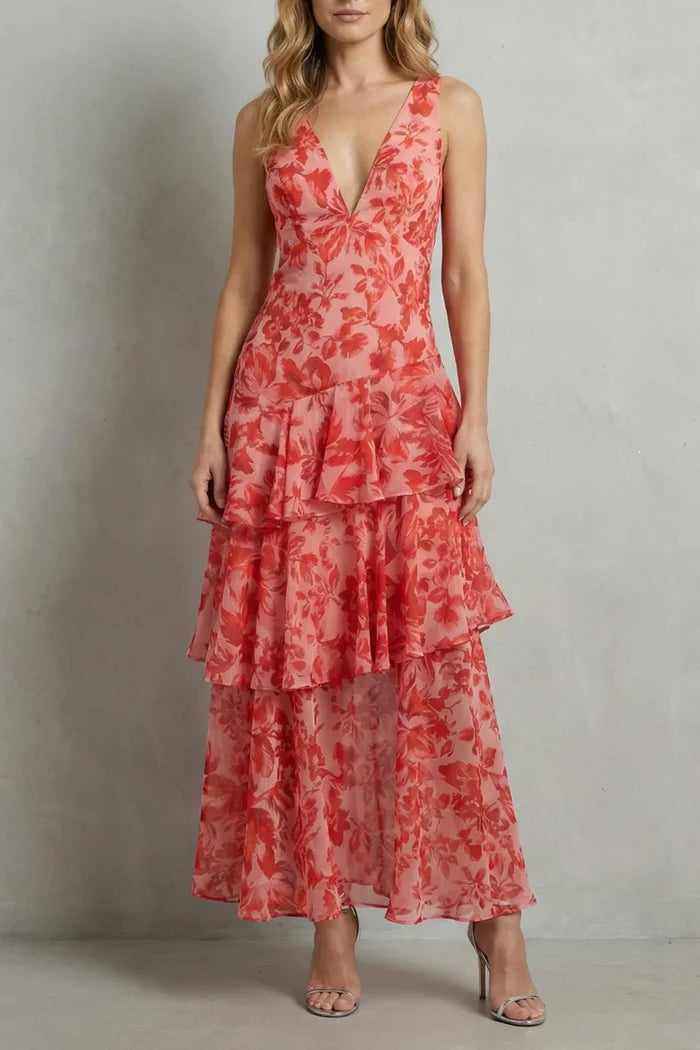 Lightweight women's halter dress – plunging neckline, flowy tiered skirt, floral print