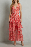 Lightweight women's halter dress – plunging neckline, flowy tiered skirt, floral print