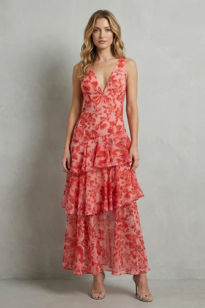 Lightweight women's halter dress – plunging neckline, flowy tiered skirt, floral print