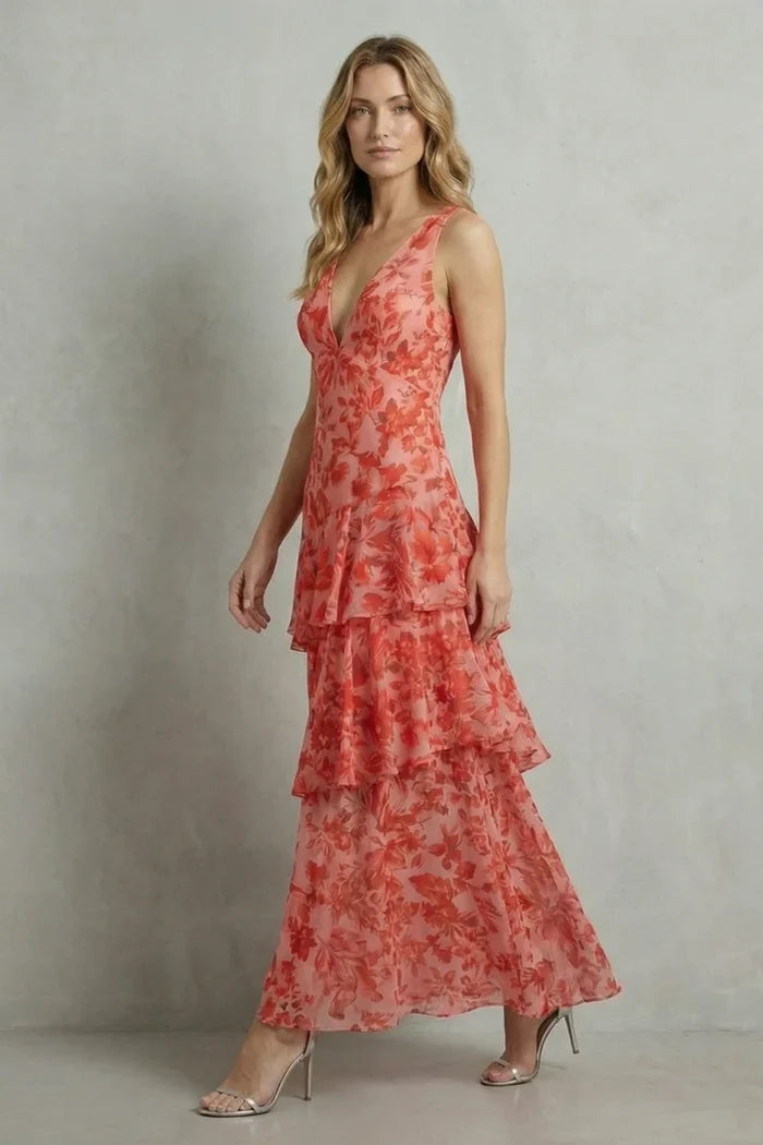 Lightweight women's halter dress – plunging neckline, flowy tiered skirt, floral print