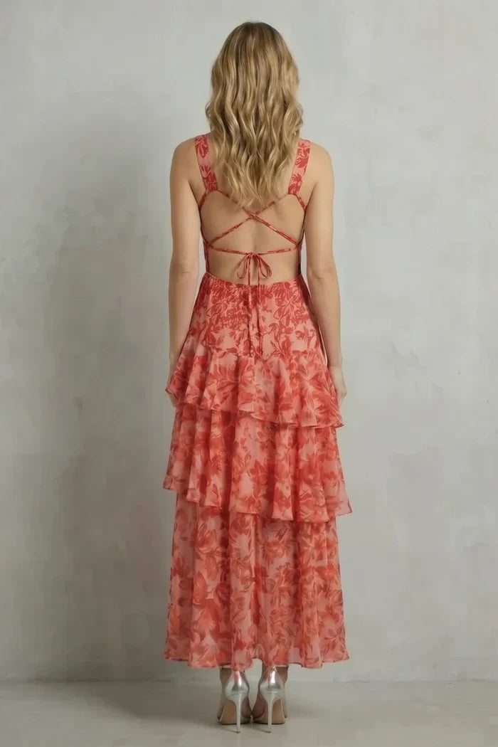 Lightweight women's halter dress – plunging neckline, flowy tiered skirt, floral print