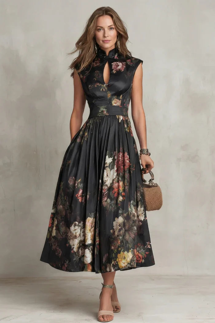 Lightweight women's maxi dress - floral-printed, high-waisted, pleated, polyester, for street fashion