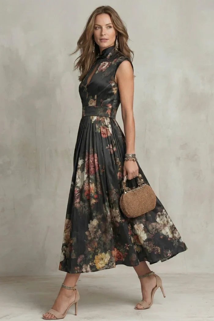 Lightweight women's maxi dress - floral-printed, high-waisted, pleated, polyester, for street fashion